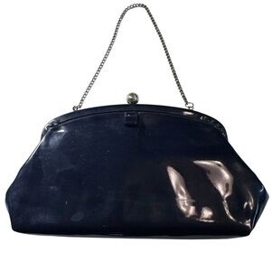 Vintage Dark Navy Blue Patent Leather Clutch Bag Chain Purse Polka Dot Interior